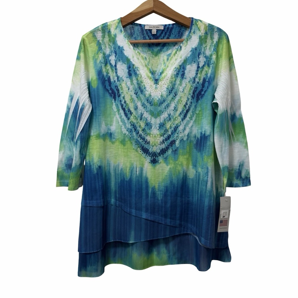 Jess & Jane Rhinestone Tie Dye Top Size L Blue Lightweight Artsy 3/4 Sleeve NEW